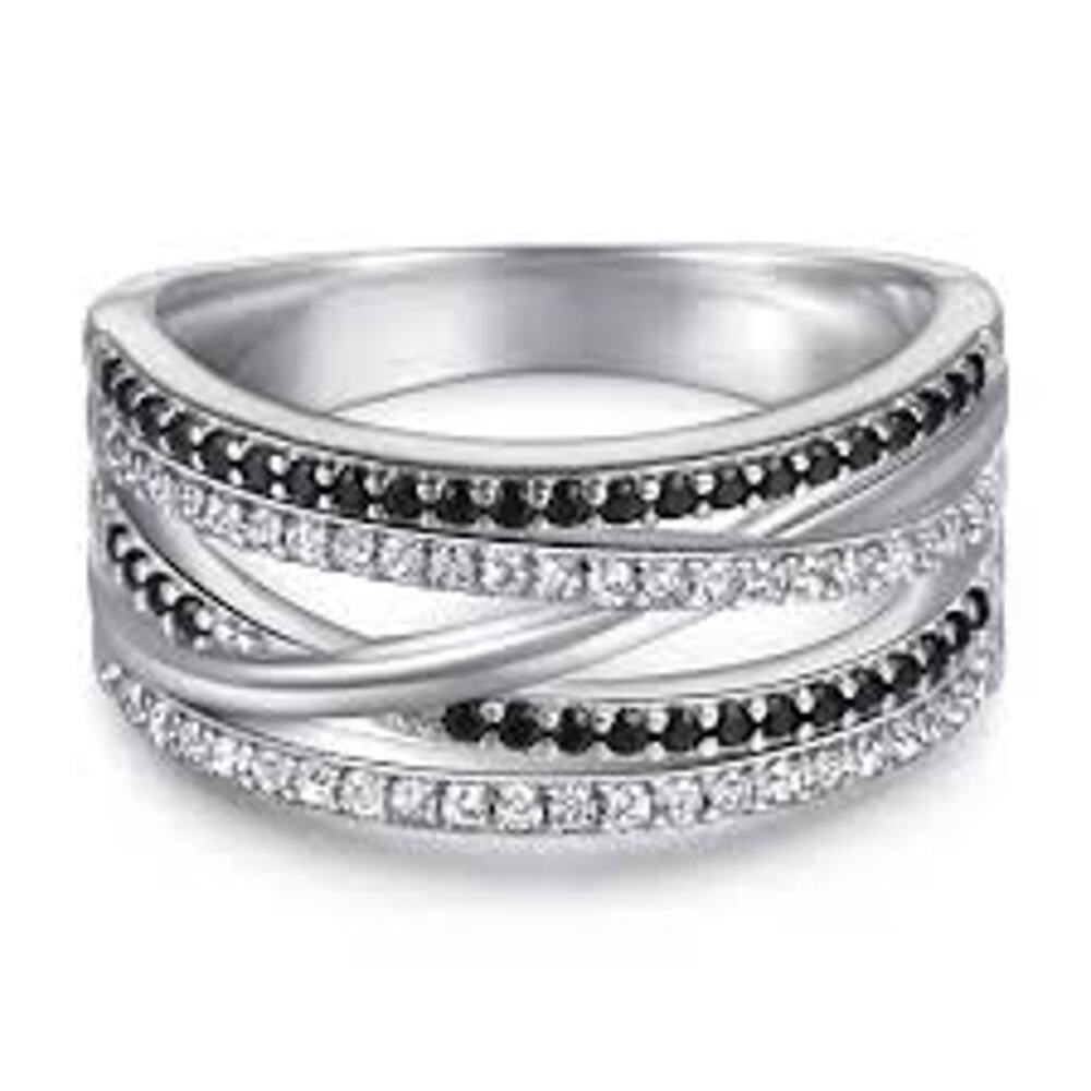 Black & White CZ Rhodium Over Sterling Silver Crossover Band Ring Size 8